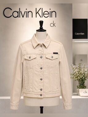 Calvin Klein Jeans Ecru White Cropped Denim Jacket | Stretch | 4-Pocket | S/M